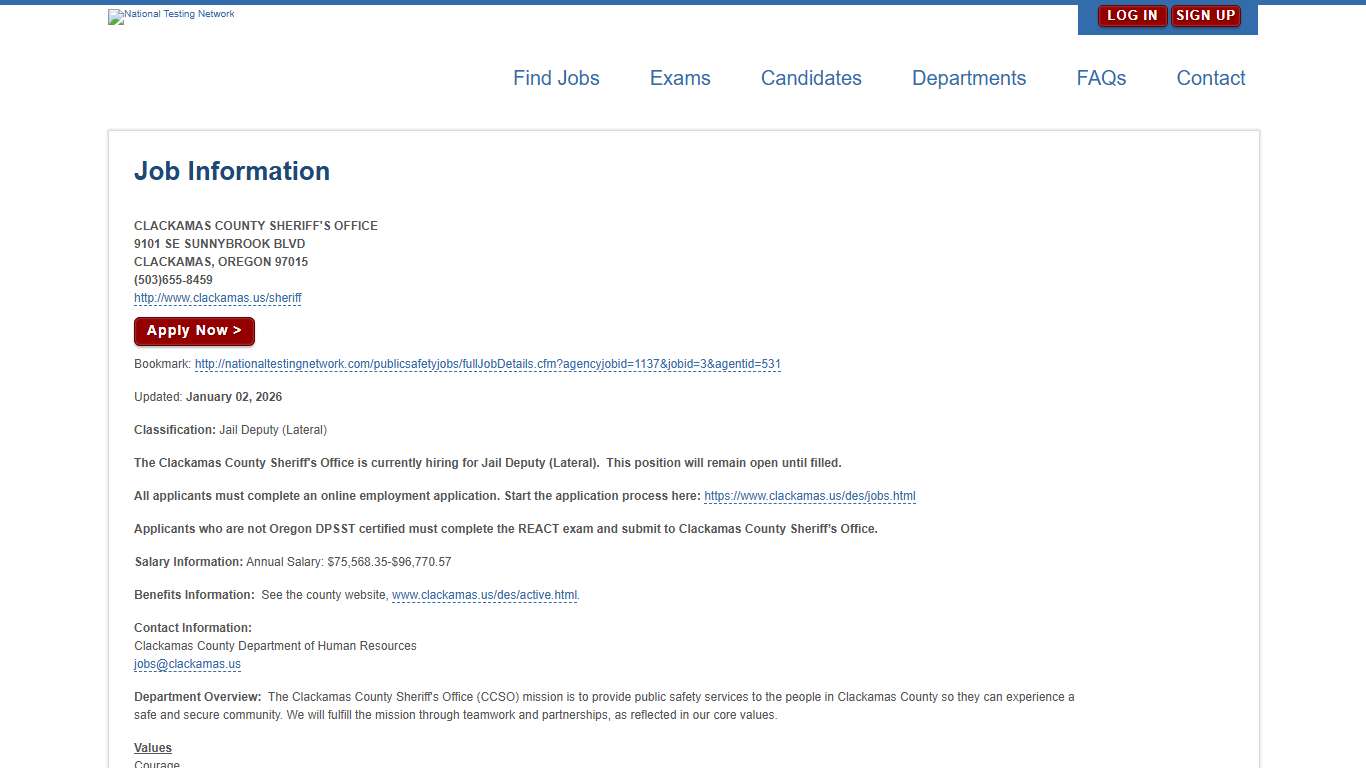 CLACKAMAS COUNTY SHERIFF'S OFFICE Job Details National Testing Network